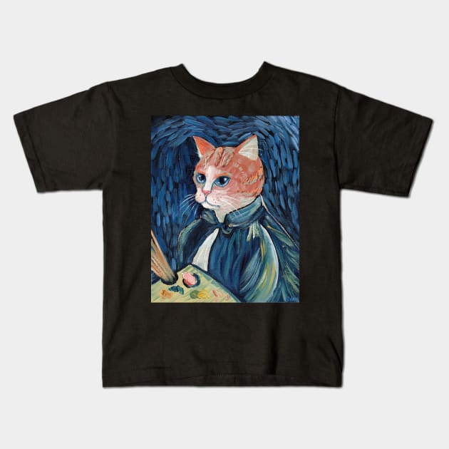 Van Gogh Cat Portrait Kids T-Shirt by KilkennyCat Art